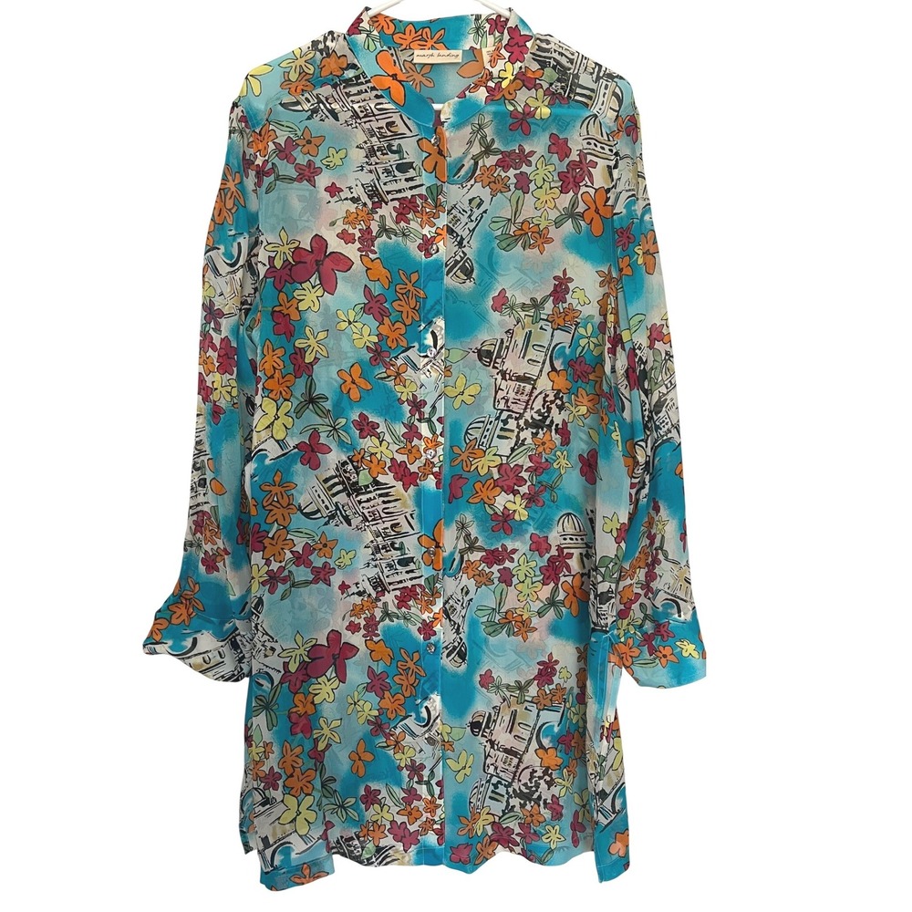Marsh Landing Women's XL Silk Button Up Tunic Top Blue Floral Travel Art To Wear